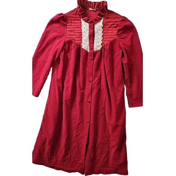 Vintage Annie Red Felt Nightgown White Lace Trim Mid Length Buttons Medium Large - Picture 1 of 3